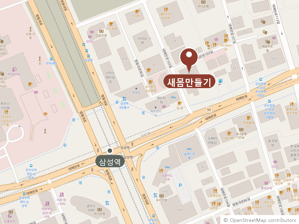 삼성역 8번 출구에서 북쪽으로 걸어 테헤란로103길에 있는 새몸만들기 위치